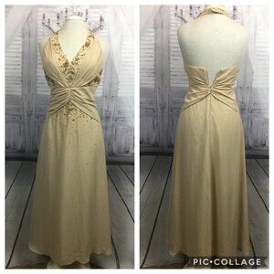Neblon Beige Dress Hand Beaded Formal Halter S